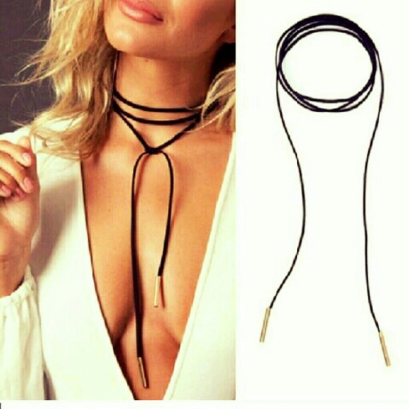 LAST ONE SALE! Long Wrap Black Suede Choker Gold - Picture 2 of 4