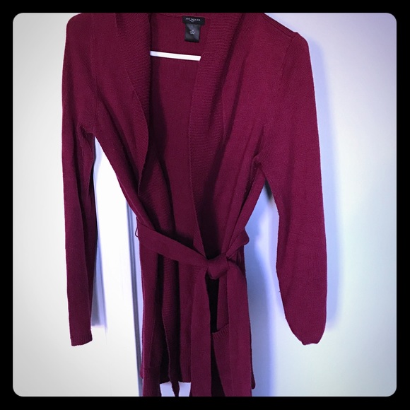 Ann Taylor hooded waist tie sweater- wine red