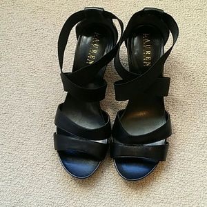 Ralph Lauren black leather sandals elastic straps