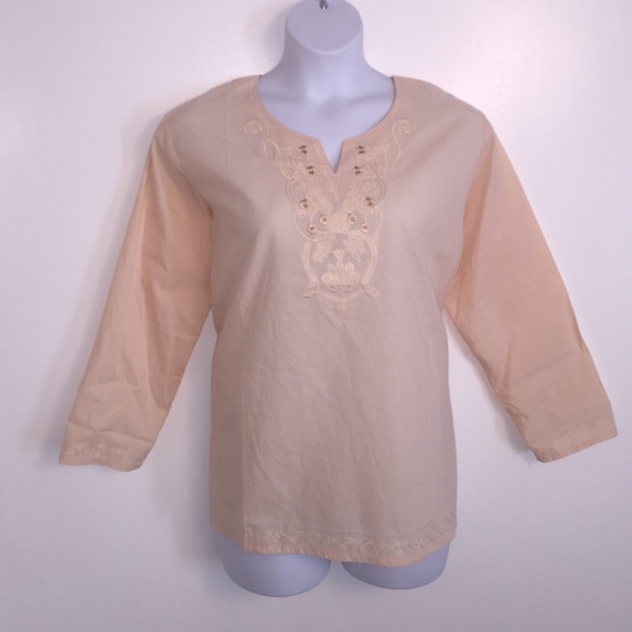 Boho Beige Long Sleeve Ethnic Embroidered Top