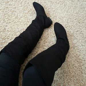 Black over the knee flat slouch boots