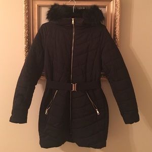 Quilted Puffer Coat with Fur Hood