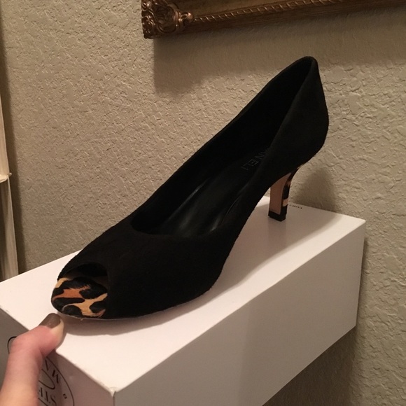 Van Eli Black Suede Peep toe  w/ leopard detail