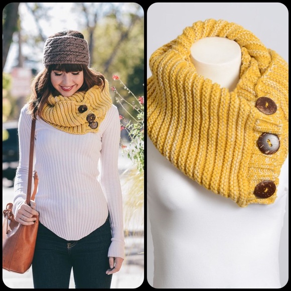 Mustard Yellow Infinity Scarf With Buttons - Picture 2 of 2