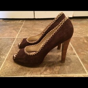 Brown suede peep toe heels with gold trim size 9