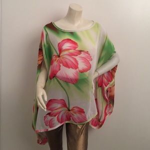Sheer Floral Print Coverall Poncho Style Plus Size