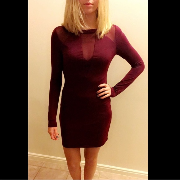 Maroon dress with a shear plunging neckline