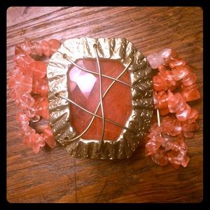 Coral Statement Bead Gold Stretchy Bracelet