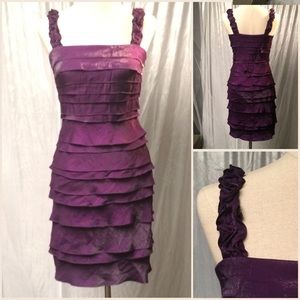Violet satin ruffled layer sleeveless sheath dress