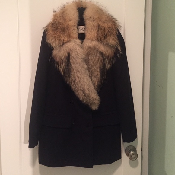 Sam. Fur lapel navy wool jacket