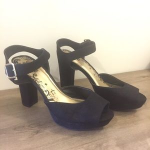 Retro Platform Strappy Heels - Black "Suede"