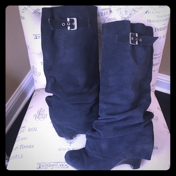 Naughty Monkey Shoes - Gorgeous blue suede wedge boots by Naughty Monkey