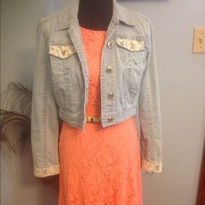 Denim jacket and coral lace dress