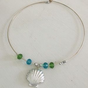 Silver Seashell necklace with blue and green beads