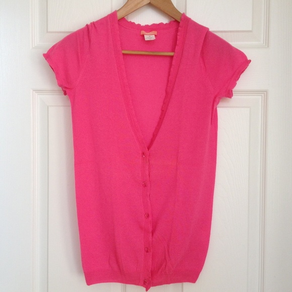 Bright pink 100% cashmere short sleeve cardigan