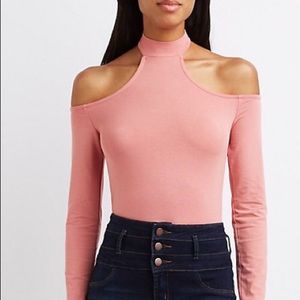 Small pink mock neck cold shoulder crop top