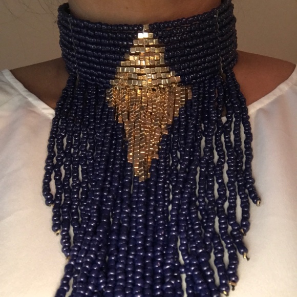 Navy beaded fringe Choker /Bib - Picture 2 of 3