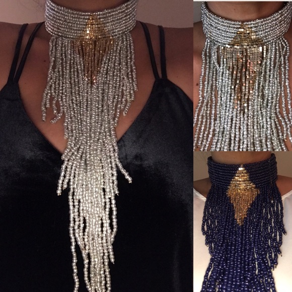 Navy beaded fringe Choker /Bib - Picture 3 of 3