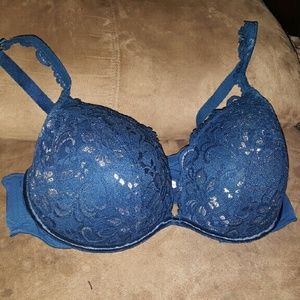 Blue plunge push up bra