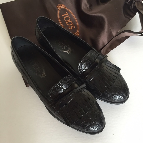 Tod's black loafers crocodile leather size 37