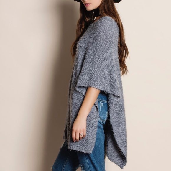 Fuzzy Grey Poncho Sweater - Picture 2 of 4