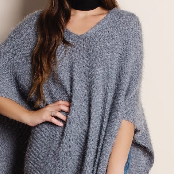 Fuzzy Grey Poncho Sweater - Picture 4 of 4