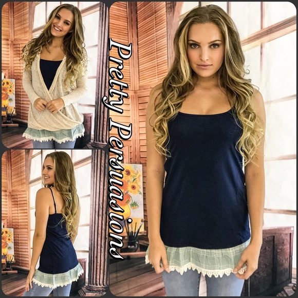 Pretty Persuasions Tops - SALE‼️Navy Plaid Crochet Ruffle Hem Cami Top