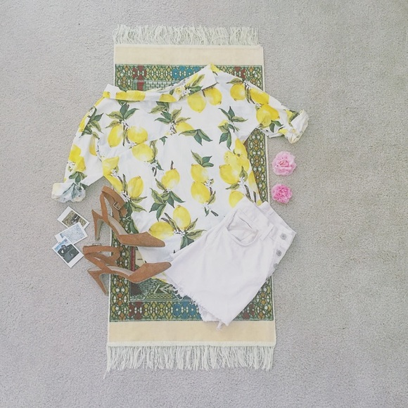 Shein Tops - • Off-Shoulder Boatneck Lemon Print Blouse •