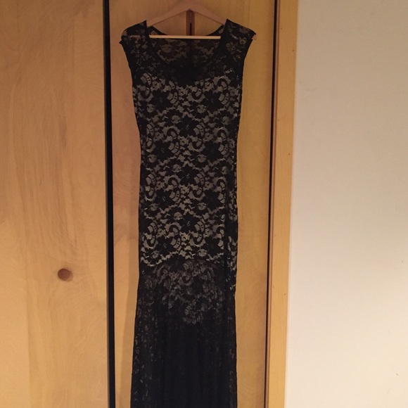 Nude with black lace overlay long dress
