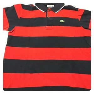 Lacoste Navy and Red Rugby Stripe Polo