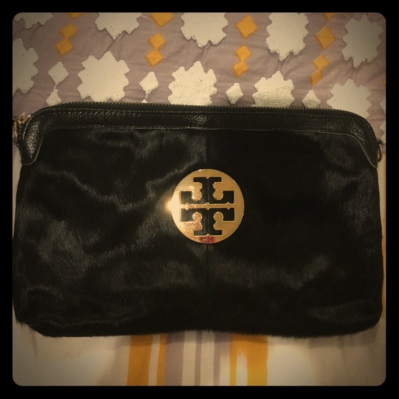 Tory Burch style black fur clutch