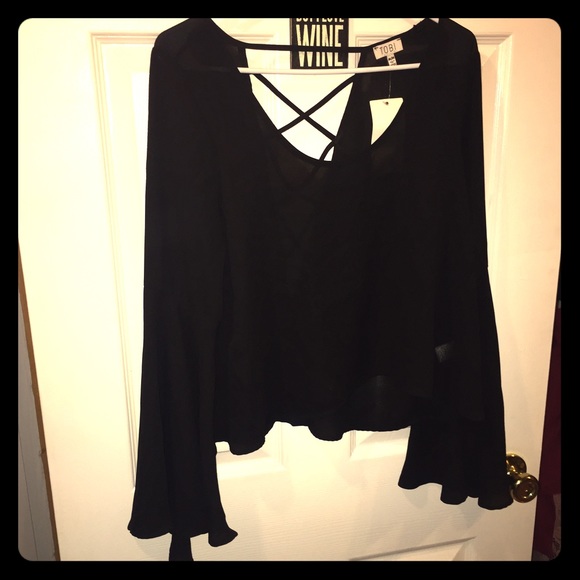 TOBI: Bell Sleeve, Caged Back, Sheer Top
