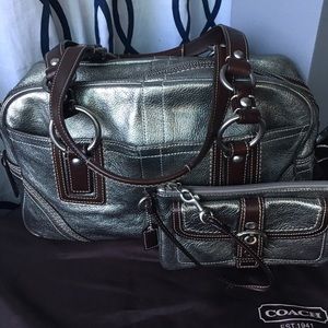 Beautiful coach bag leather pewter with brown