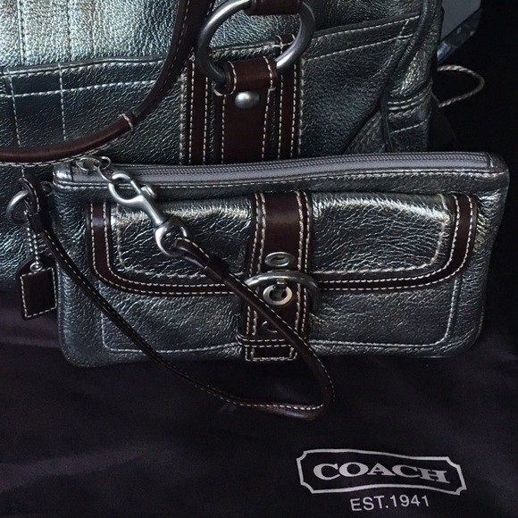 Coach pewter brown leather wristlet