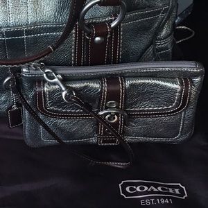 Coach pewter brown leather wristlet