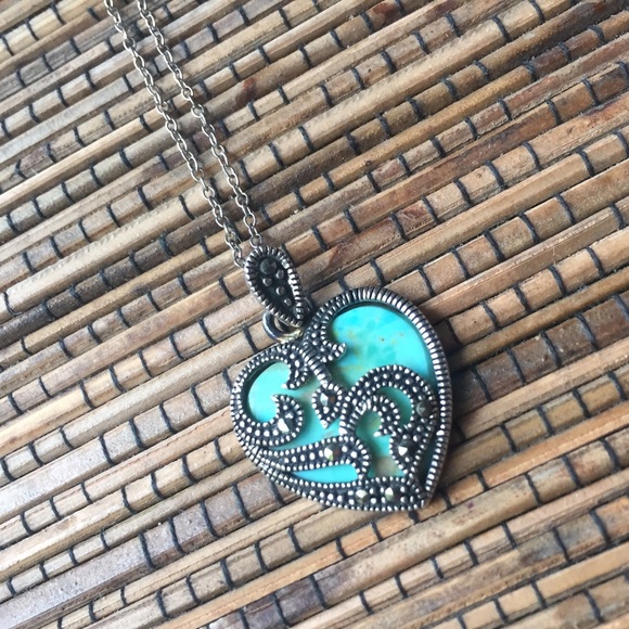925 Sterling Silver Marcasite & Turquoise Heart Necklace - Picture 5 of 6