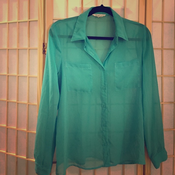 Long sleeved sheer turquoise button down