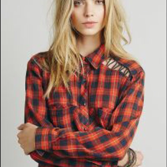Free People Tops - FREE PEOPLE - Lace up shoulder plaid shirt