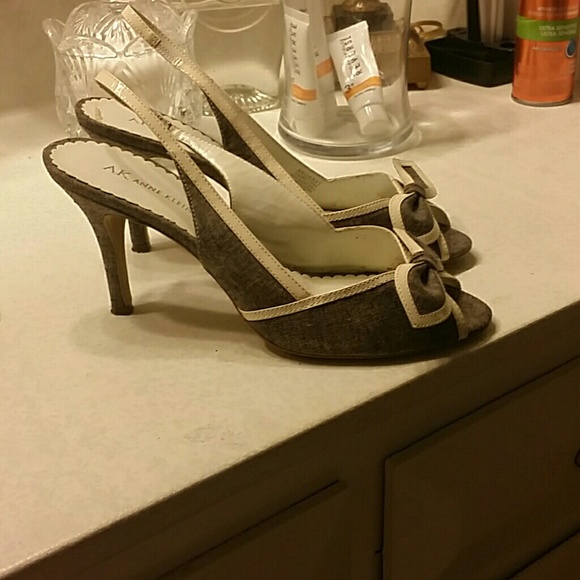 Peep toe denim and patent leather heels