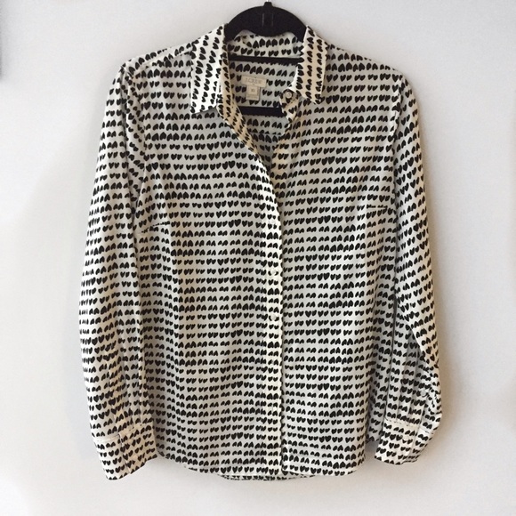 J Crew Black & White Blouse with Heart Pattern