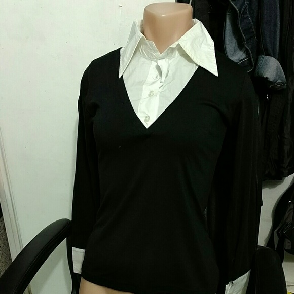 Black White Collar Buttoned Dress Shirt