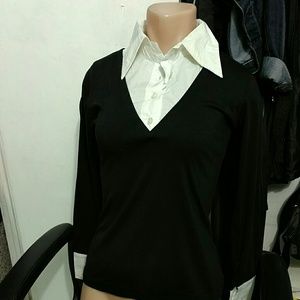 Black White Collar Buttoned Dress Shirt