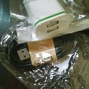 Dual USB Charger With Micro Cable And iPhone Cable