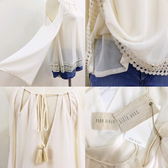 [ moon river ] cream cold shoulder tassel blouse - Picture 4 of 4