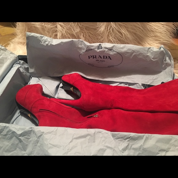 Prada red suede over the knee boot.  Platform heel