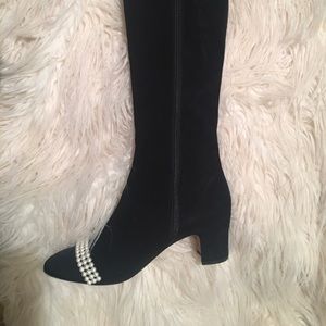 Chanel RARE tall black suede boots with pearls.