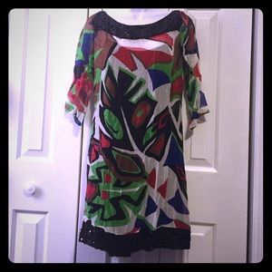 Colorful sheer cache dress with black sequins slip