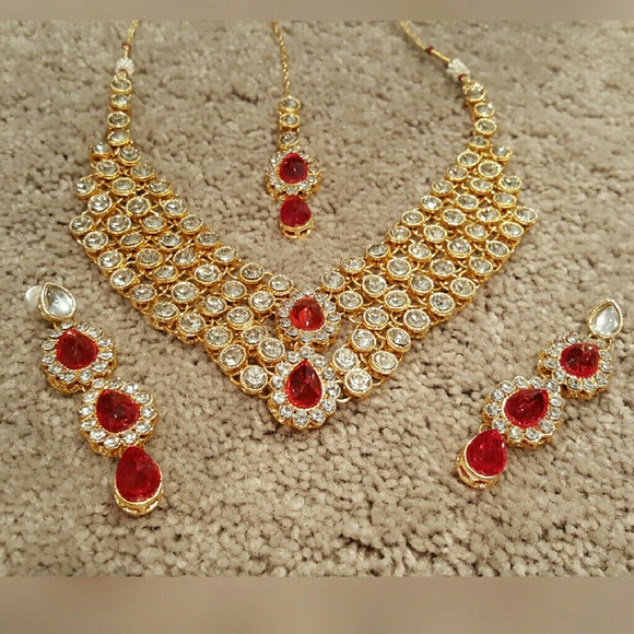 Red and Gold Indian Kundan Bridal Necklace Set