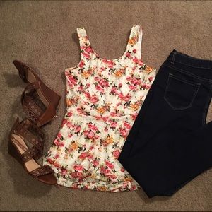 White Floral Bow Peplum Top