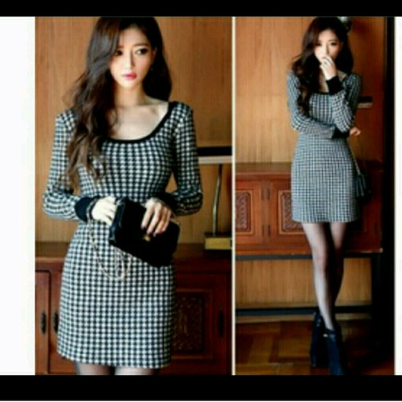 Houndstooth checkered knit dress